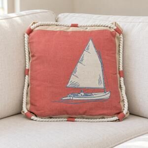 17” Nautical Sailboat Accent Pillow – Coral Canvas with Rope Trim
